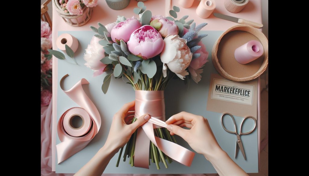 Практика: Упаковать букет пионов в атласную ленту для маркетплейса — в пастельной гамме