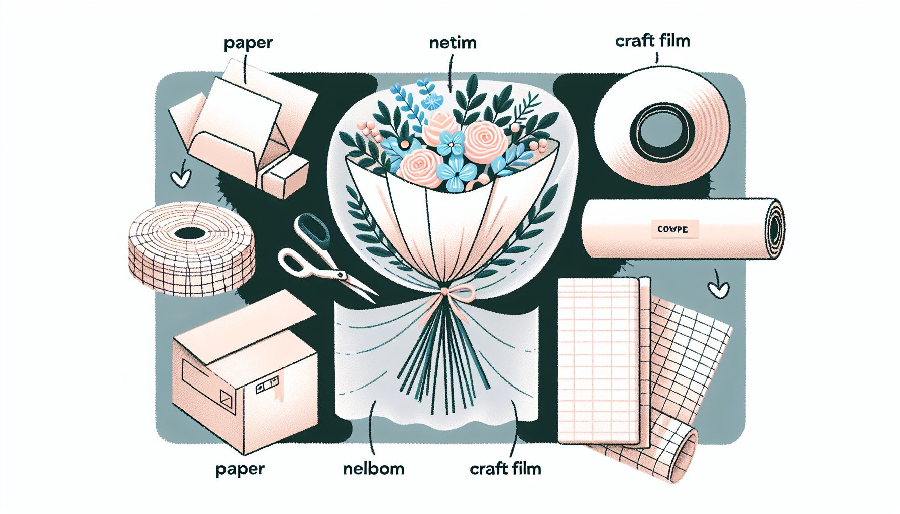 Материалы: бумага, сетка, плёнка и пленка крафт