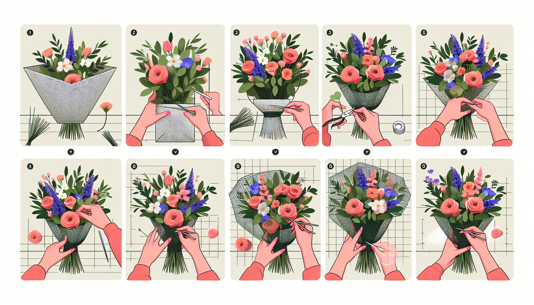 Мини-инструкция: как собрать букет в сетке пошагово
