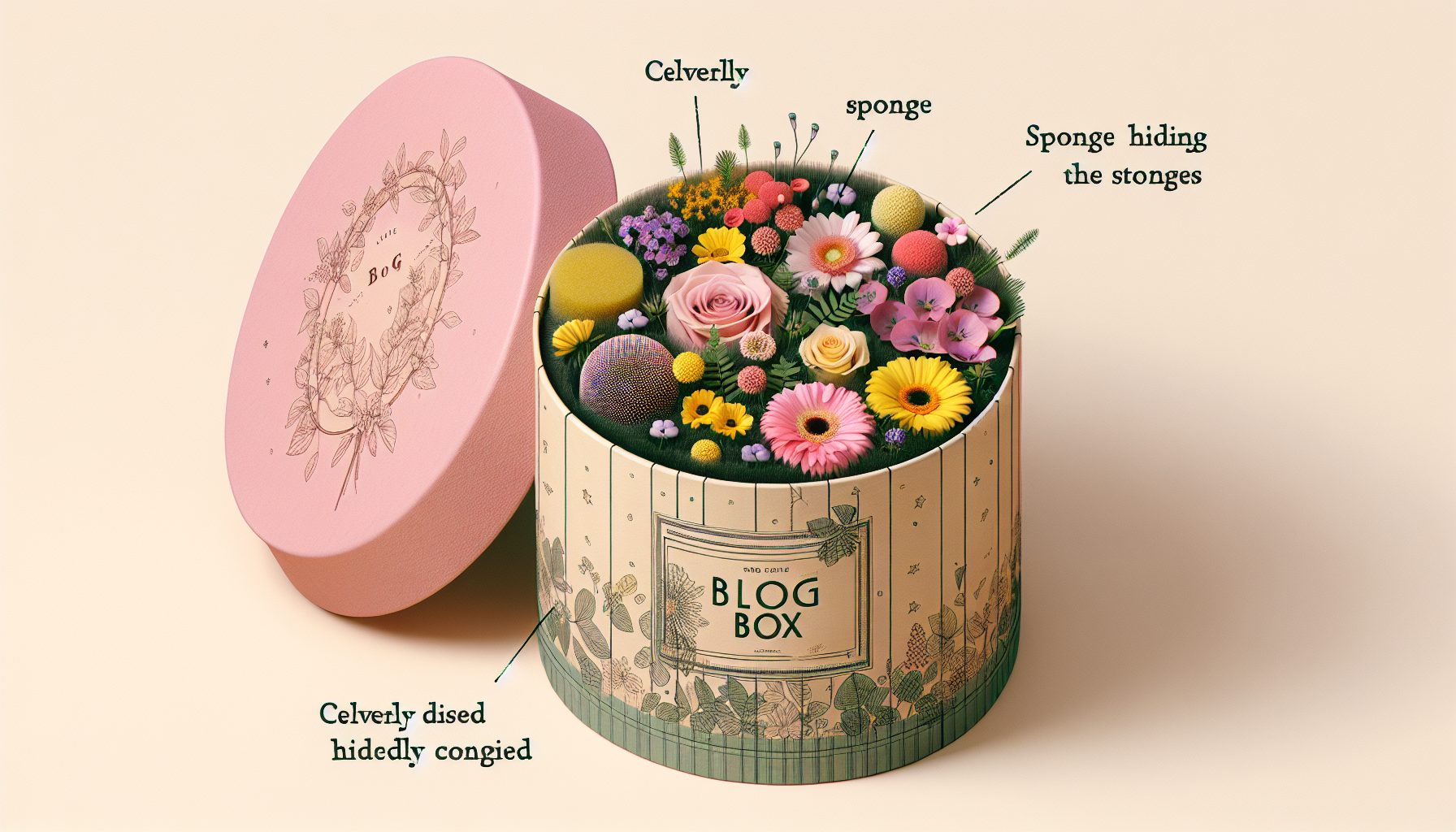 Как спрятать губку и стебли в круглой коробке